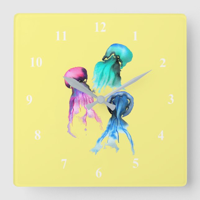 Reloj Cuadrado Cute jellyfish trio watercolor art (Anverso)