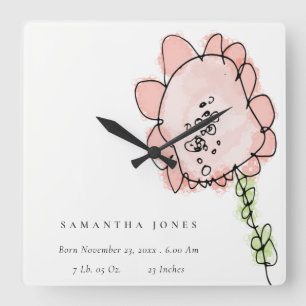 Reloj Cuadrado Cute Kid Drawn Blush Peach Flower Baby Birth Stat