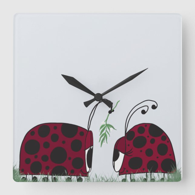 Reloj Cuadrado Cute Ladybugs Y Mistletoe (Anverso)