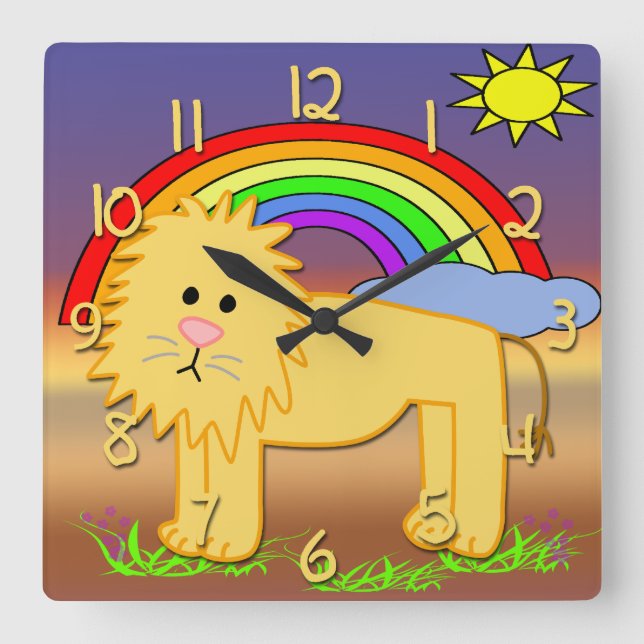 Reloj Cuadrado Cute Lion Kid's Square Wall Clock (Anverso)