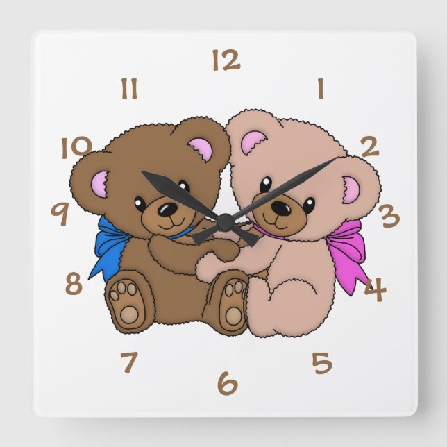 Reloj Cuadrado Cute Little Twin Baby Bears Nursery Child's Room (Anverso)