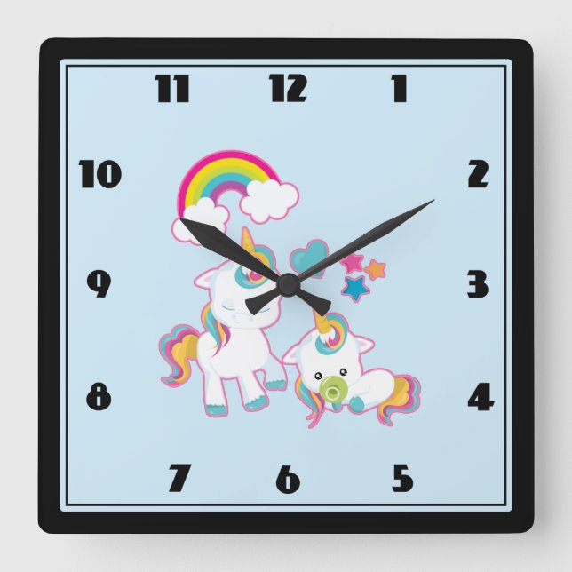 Reloj Cuadrado Cute Mama & Baby Unicorn Magical Illustration (Anverso)
