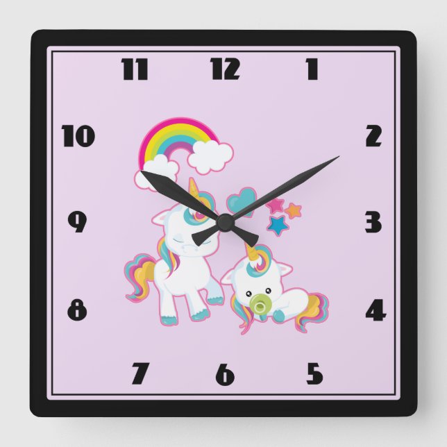 Reloj Cuadrado Cute Mama & Baby Unicorn Magical Illustration (Anverso)