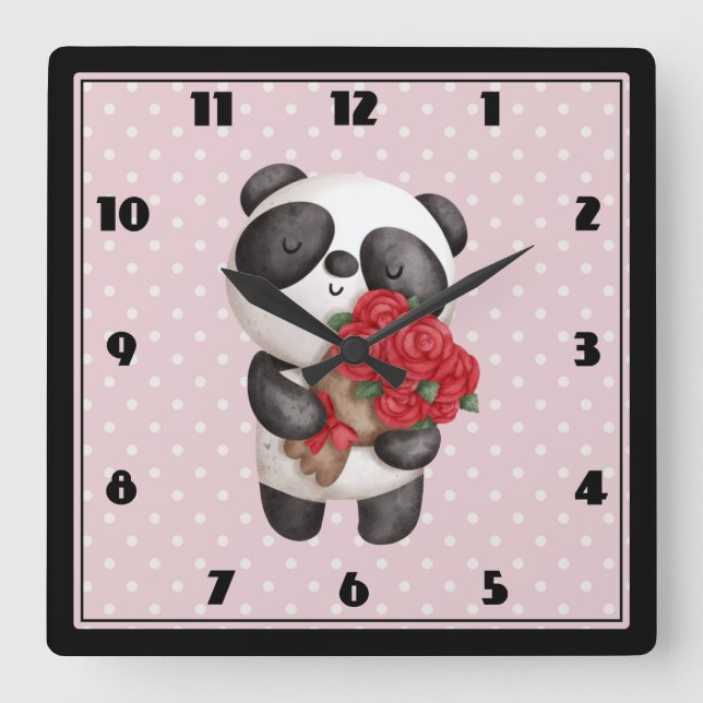 Reloj Cuadrado Cute Panda Bear with Rose Bouquet (Anverso)