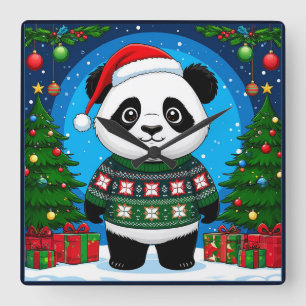 Reloj Cuadrado Cute Panda con Jersey de Navidad Lleva Sombrero de