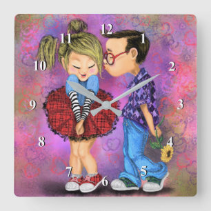 Reloj Cuadrado Cute Pareja Romántica - Amor - Beso El día de San 
