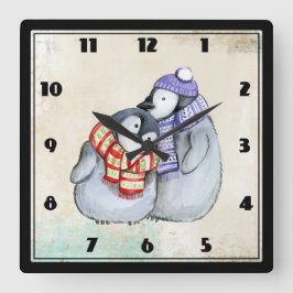 Reloj Cuadrado Cute Penguins in Winter Scarves and Hats