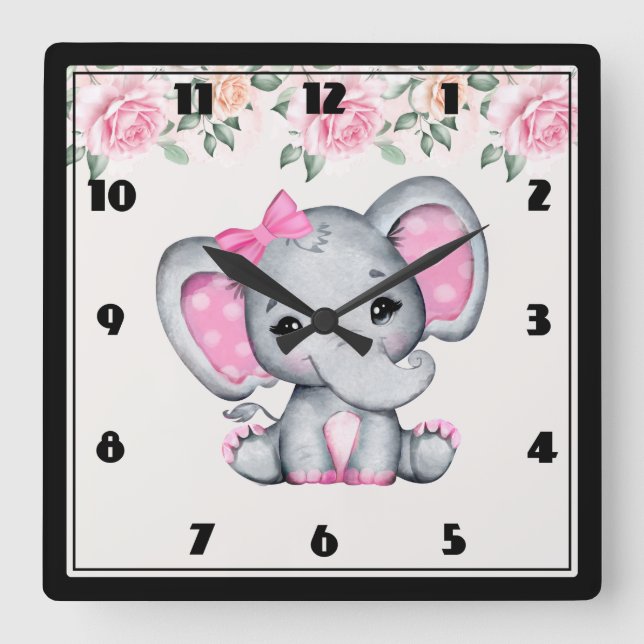 Reloj Cuadrado Cute Pink Baby Elephant and Roses Border (Anverso)