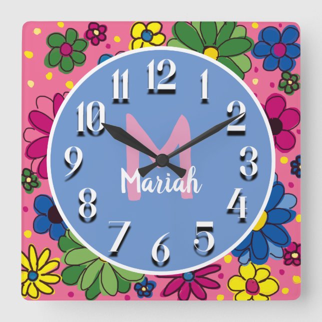 Reloj Cuadrado Cute Pink Blue Green Yellow Floral Monogram (Anverso)