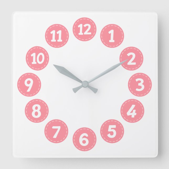 Reloj Cuadrado Cute Pink Numbers (Anverso)
