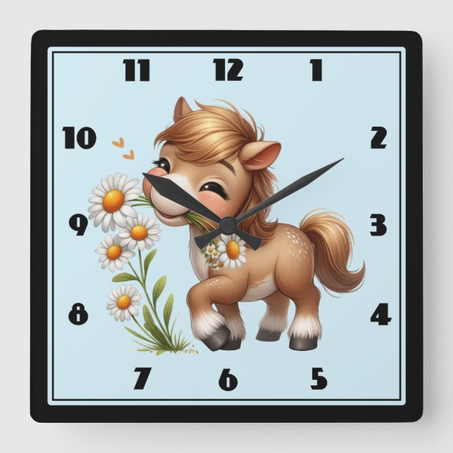 Reloj Cuadrado Cute Pony Eating Daisies (Anverso)