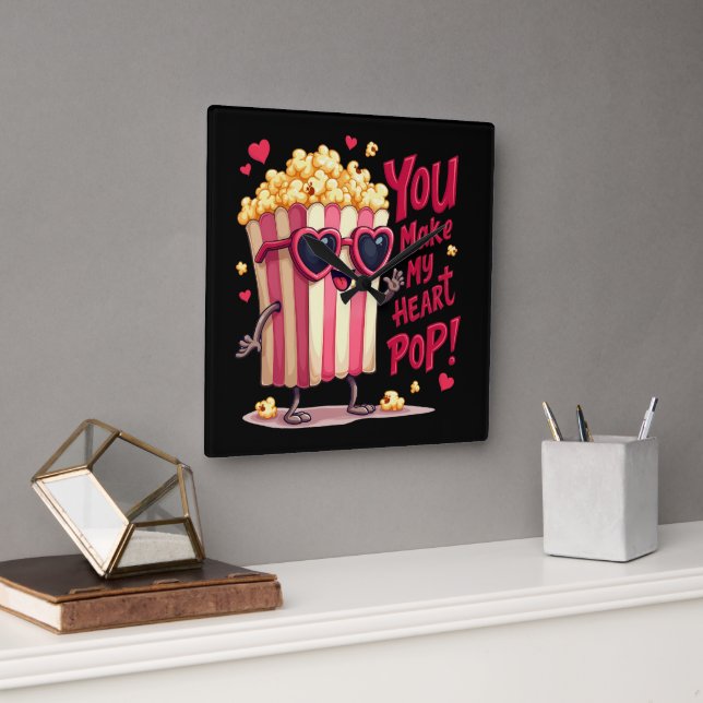 Reloj Cuadrado Cute Popcorn Valentine Me Haces El Corazón Pop! (Oficina)