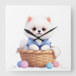 Reloj Cuadrado Cute Puppy in Basket Wall Clock