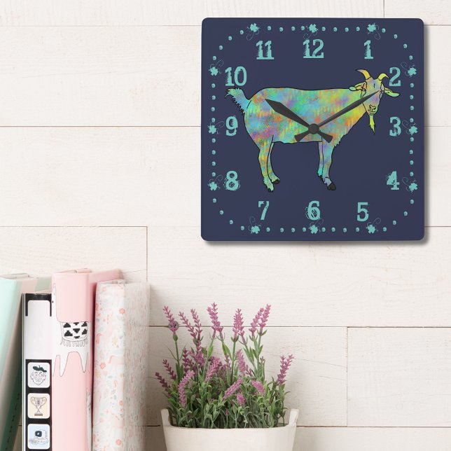 Reloj Cuadrado Cute Quirky Goat Colorful Funny Animal Art (Cute goat colorful farm animal art blue and green wall clock)