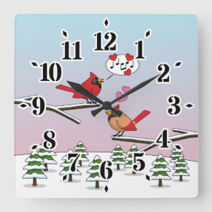 Reloj Cuadrado Cute Red Northern Cardinals aman el paisaje invern