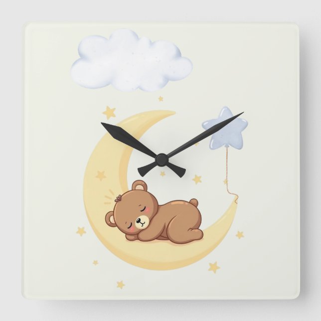 Reloj Cuadrado Cute  Sleeping Bear Nursery Wall Clock (Anverso)