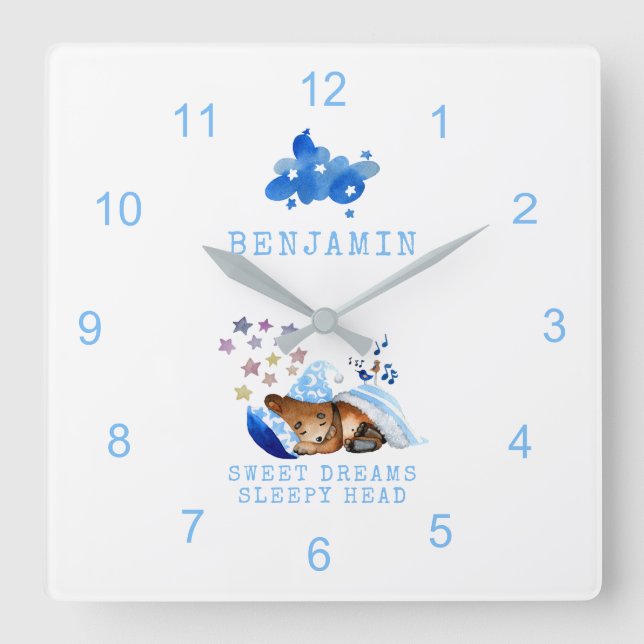 Reloj Cuadrado Cute Sleeping Bear Sweets Dreams Sleepy Head Boy (Anverso)