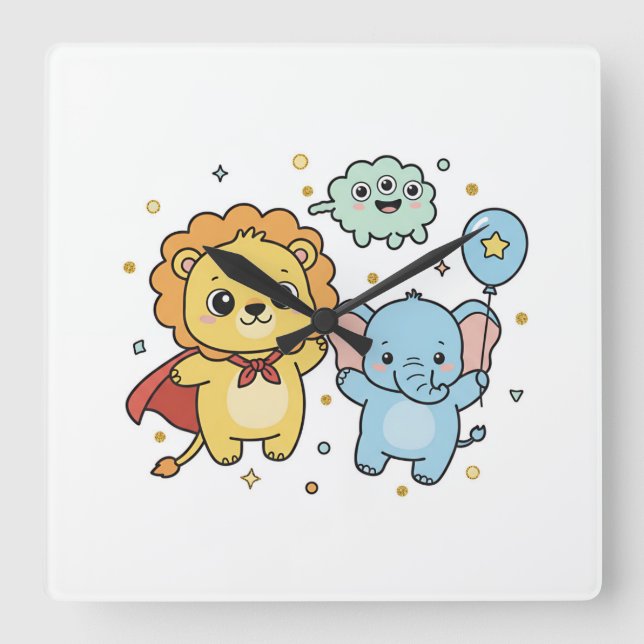Reloj Cuadrado Cute Superhero Lion and Elephant Friends Cartoon (Anverso)