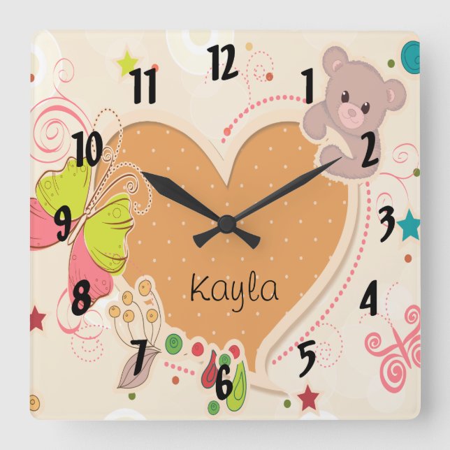 Reloj Cuadrado cute teddy bear butterfly heart kids (Anverso)