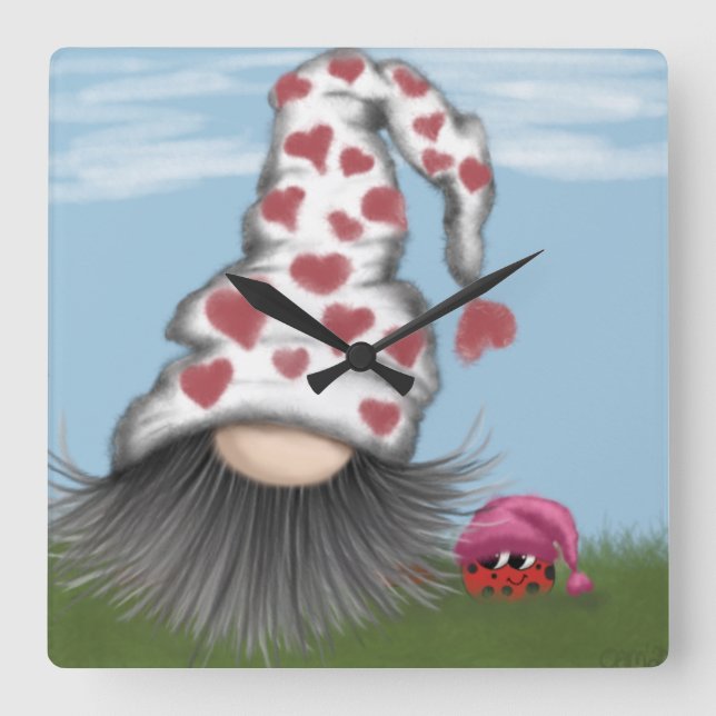 Reloj Cuadrado Cute Valentine Gnome (Anverso)