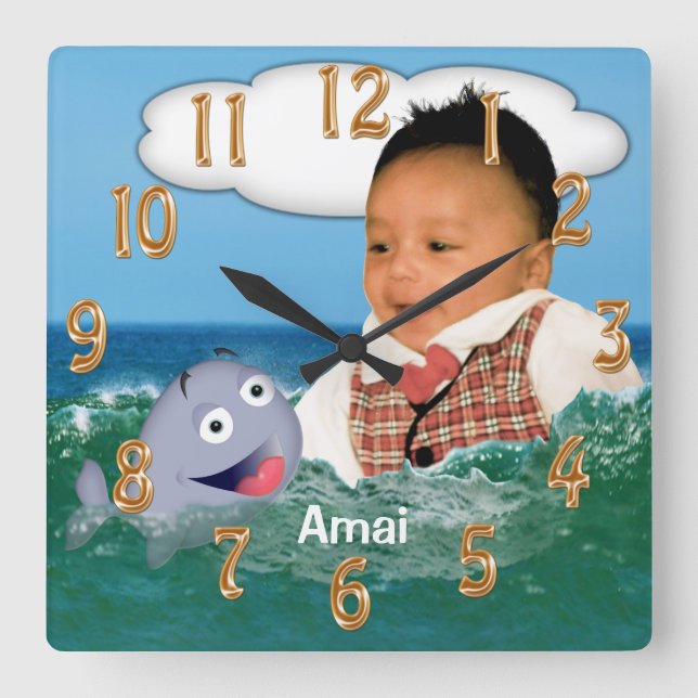 Reloj Cuadrado Cute Whale Clock with Your Cut Out Photo and Name (Anverso)