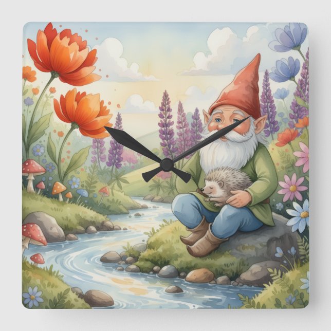 Reloj Cuadrado Cute Whimsical nursery gnome forest wall clock (Anverso)