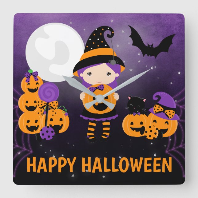 Reloj Cuadrado Cute Witch Girl and Pumpkins Happy Halloween (Anverso)