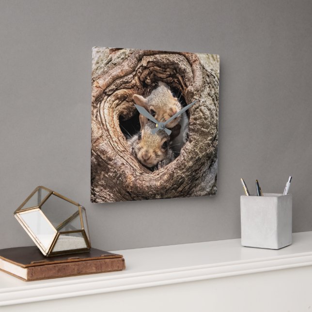 Reloj Cuadrado Cutest Baby Animals | Two Young Squirrels (Oficina)