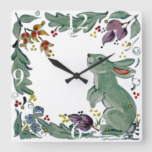Reloj Cuadrado Cuto Rústico Conejo Verde azulado Conejo Conejo Fl