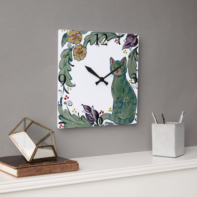 Reloj Cuadrado Cuto Rústico Gato Verde azulado Gato Kitten Floral (Oficina)