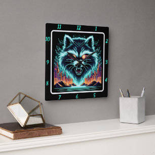 Reloj Cuadrado Cyber Raccoon Neon Skyline