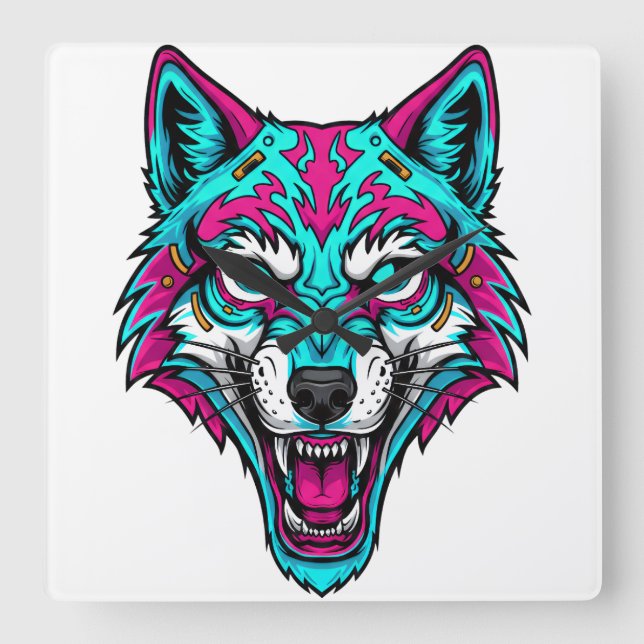 Reloj Cuadrado Cyberpunk Neon Wolf - Synthwave Robotic Animal (Anverso)