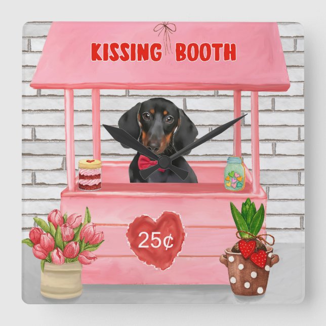 Reloj Cuadrado Dachshund Dog El día de San Valentín Kissing Booth (Anverso)