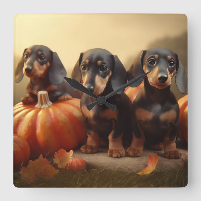 Reloj Cuadrado Dachshund Puppy Calabaza deslumbrante de otoño (Anverso)
