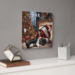Reloj Cuadrado Dachshund y Santa 