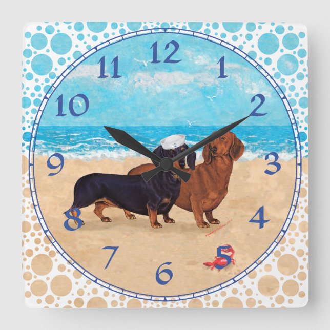 Reloj Cuadrado Dachshunds en la playa (Anverso)