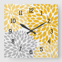 Reloj Cuadrado Dahlia Bouquet, mostaza amarillo gris floral