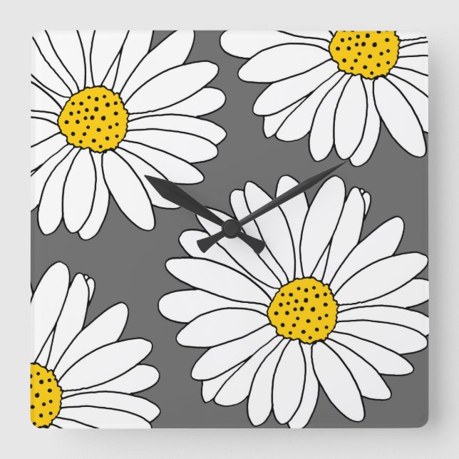 Reloj Cuadrado Daisies blancos y amarillos grises (Anverso)