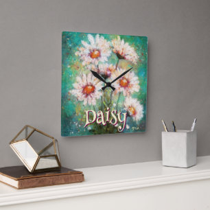 Reloj Cuadrado Daisies Floral Impresionista Teal Personalizado