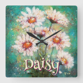 Reloj Cuadrado Daisies Floral Impresionista Teal Personalizado