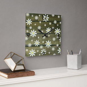 Reloj Cuadrado Daisies Rustic Barn Board Daisy Flower Square Wall