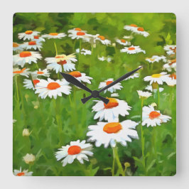 Reloj Cuadrado Daisitas de los Jardínes Blancos Brillantes y Colo