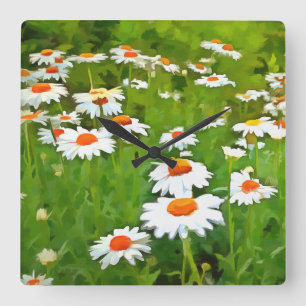 Reloj Cuadrado Daisitas de los Jardínes Blancos Brillantes y Colo