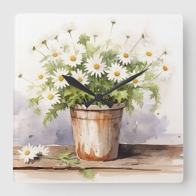 Reloj Cuadrado Daisy Bouquet acuarela en la olla (Anverso)
