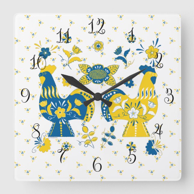 Reloj Cuadrado Dala folk sueco gallo azul y amarillo (Anverso)