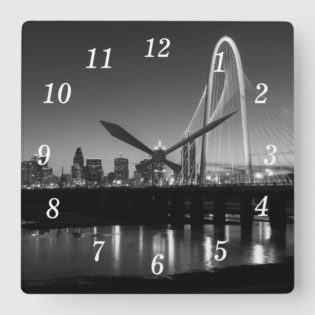 Reloj Cuadrado Dallas Skyline Dawn Grayscale Wall Clock (Anverso)