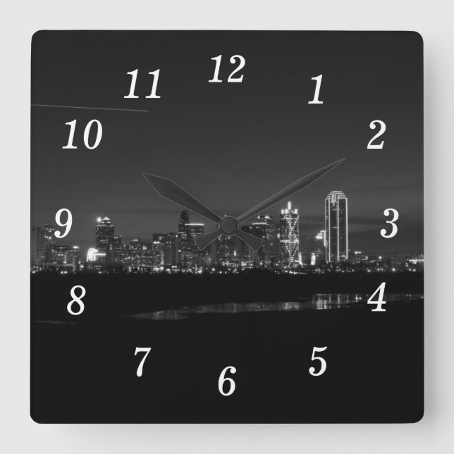 Reloj Cuadrado Dallas Skyline Dawn Pano Grayscale Wall Clock (Anverso)