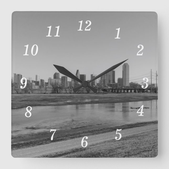 Reloj Cuadrado Dallas Skyline Grayscale Wall Clock (Anverso)