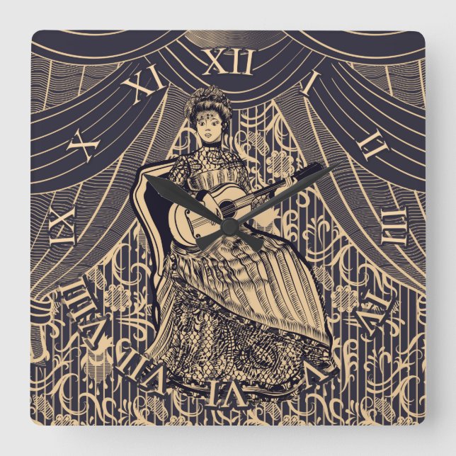 Reloj Cuadrado Dama con guitarra (Anverso)