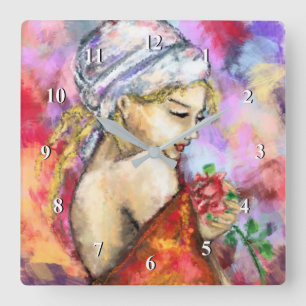 Reloj Cuadrado Dama con Rosa - Resumen de pintura original para m
